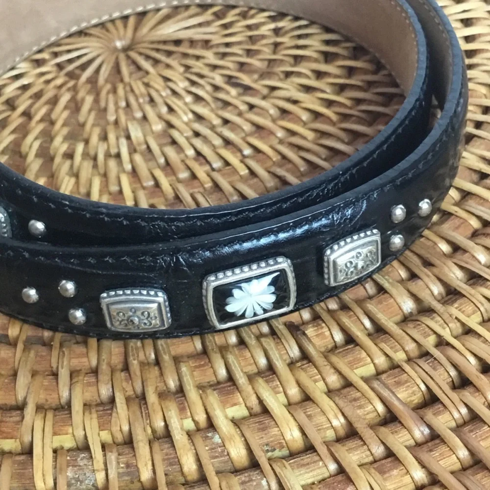 Brighton Black Floral Leather Belt Silver Size M L Womens